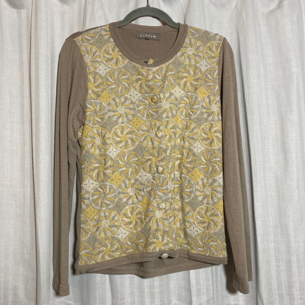 Jigsaw London Embroidered Floral Lace Front Cardigan Tan Yellow M Artsy Eclectic